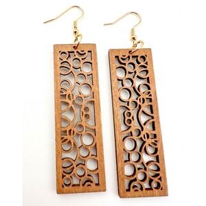 Art Deco Bubble Bar Earrings Chestnut Brown Laser Cut Wood